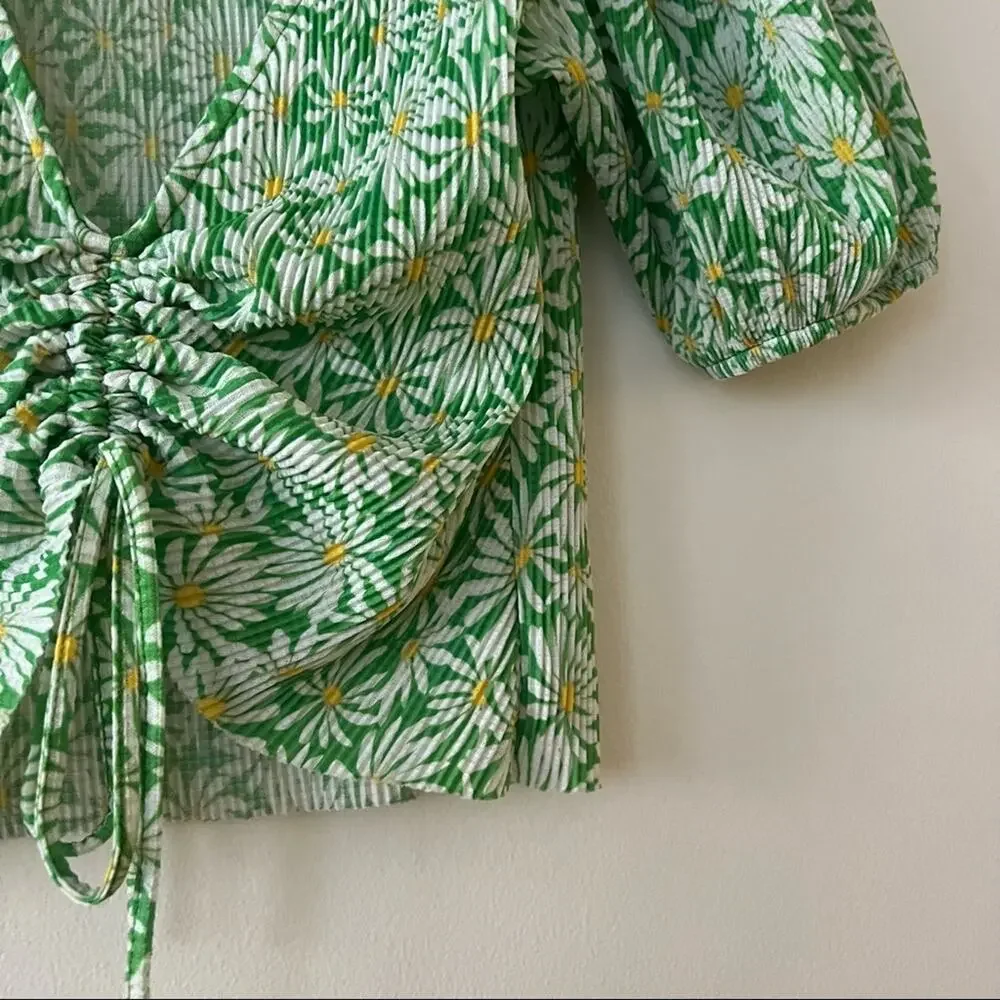 Zara Green Floral Puff-Sleeve Ruched Top